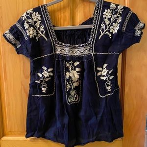 J. Crew navy blue, white floral embroidery top